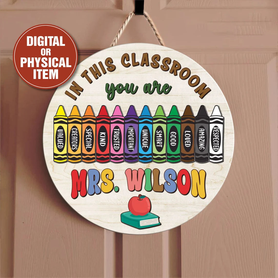 Crayon-Themed Classroom Door Sign – Personalized Teacher Wooden Sign