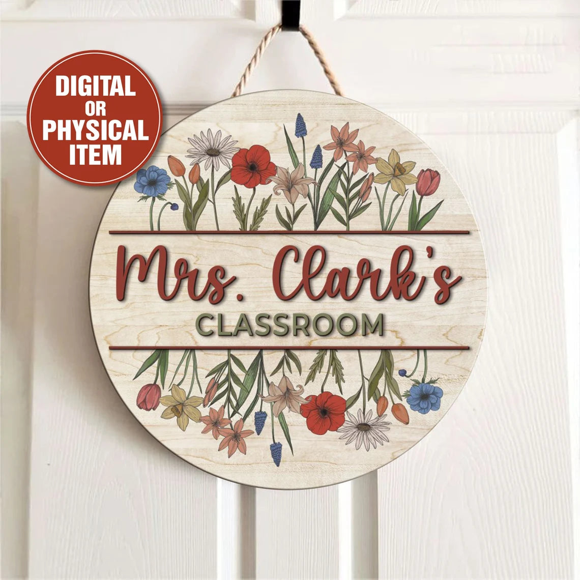 Vintage Floral Teacher Door Sign – Personalized Wooden Classroom Decor