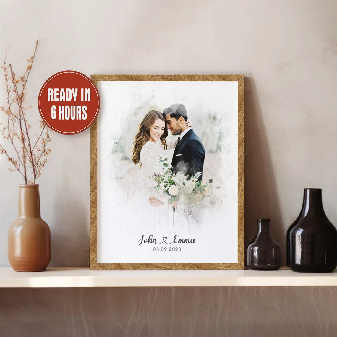 Custom Wedding Portrait Watercolor Style Personalized Couple Wall Art Gift