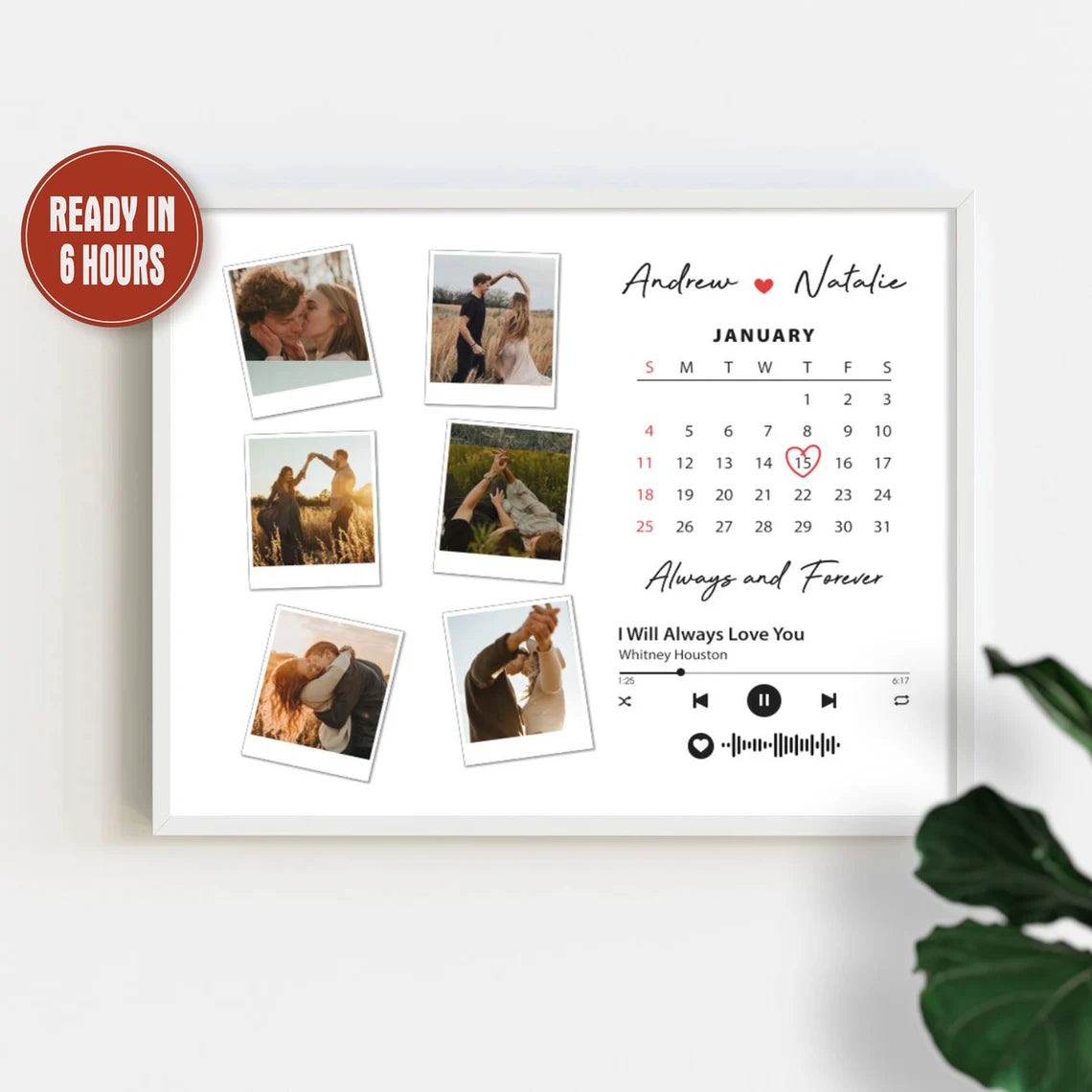 Custom Photo Wall Art with Calendar and Song – Personalized Couple Gift with Names and Date