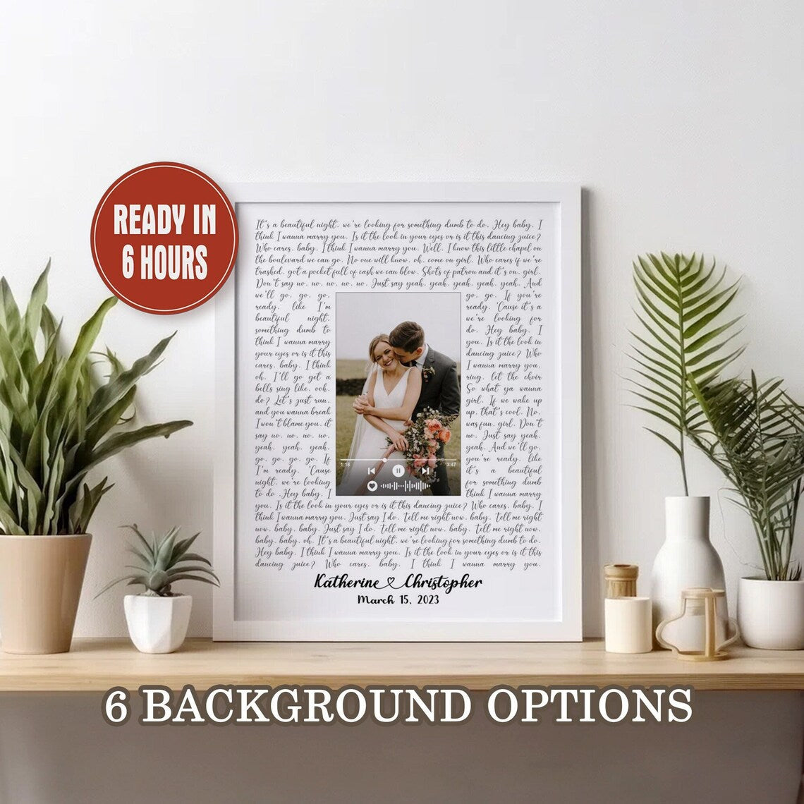 Custom Wedding Song Lyrics Wall Art with Photo and Music Player – Personalized Anniversary Gift