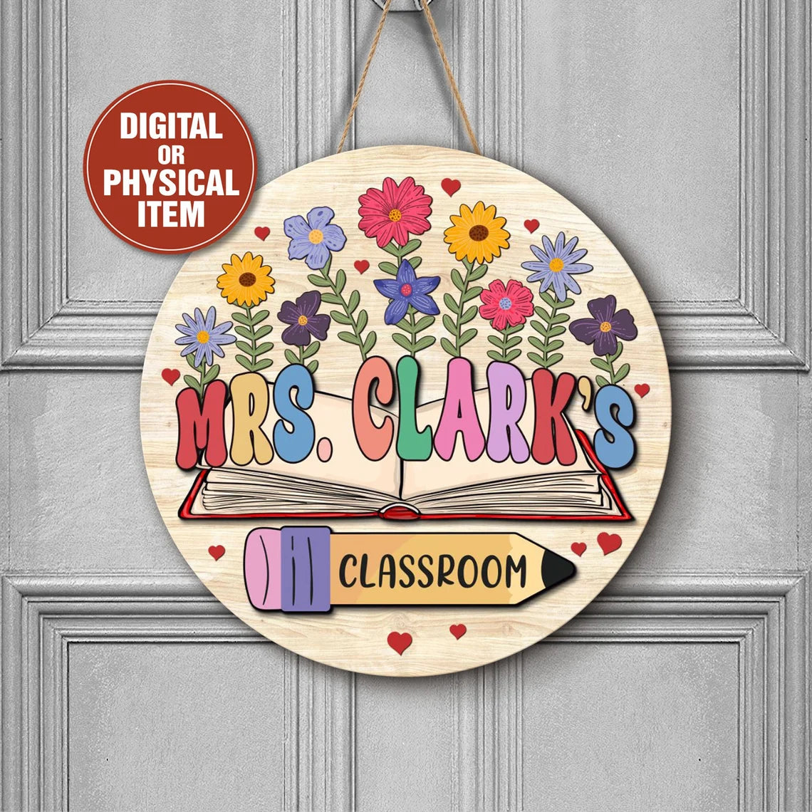 Floral Book-Themed Classroom Door Sign – Personalized Wooden Teacher Sign