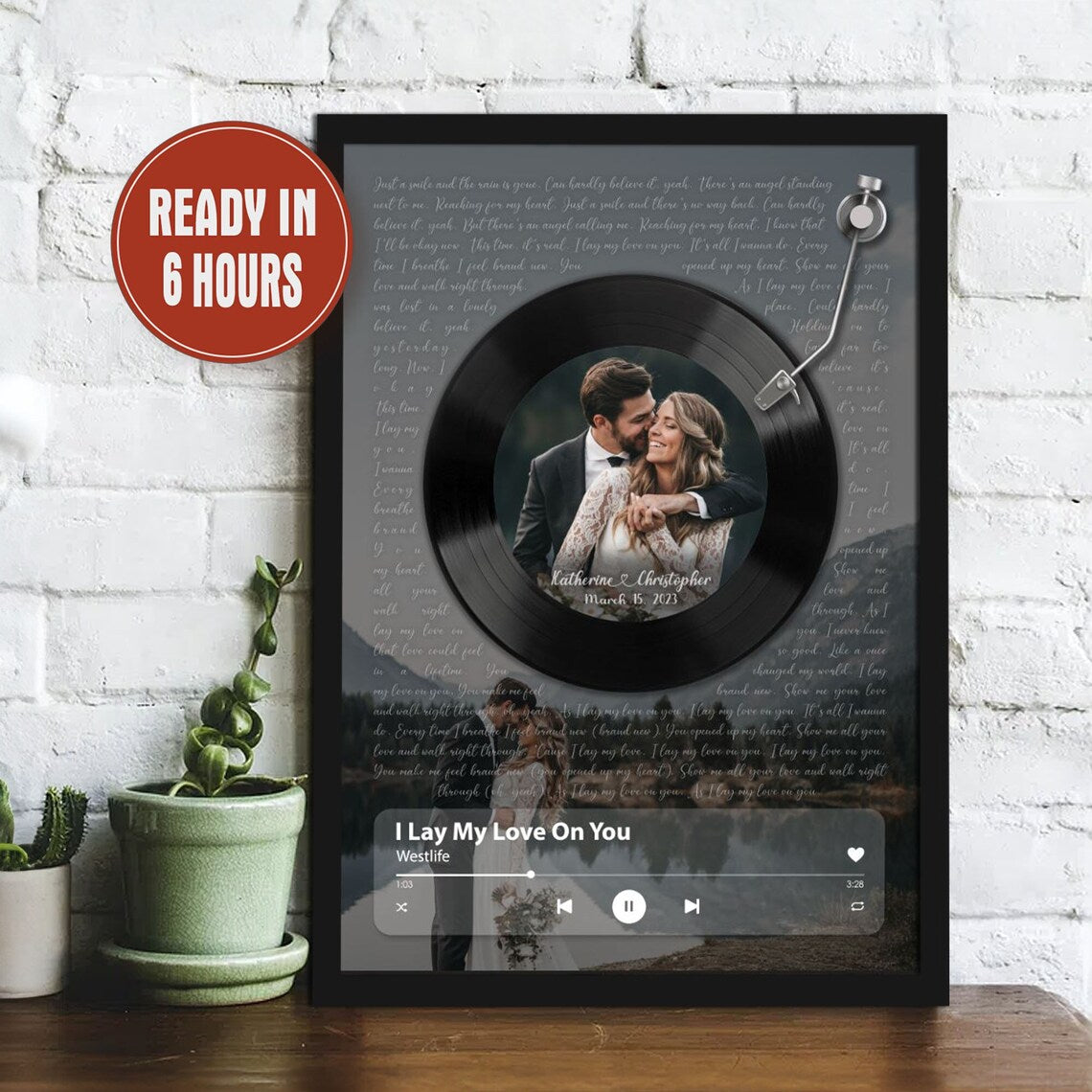 Custom Vinyl Record Wall Art with Song Lyrics Player Bar and Couple Photo