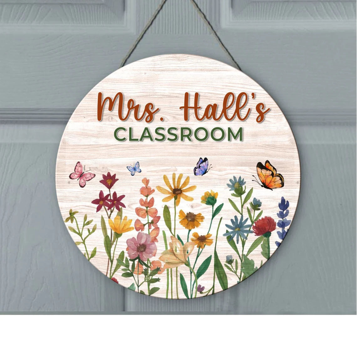 Floral Classroom Door Sign – Personalized Wooden Teacher Name Sign