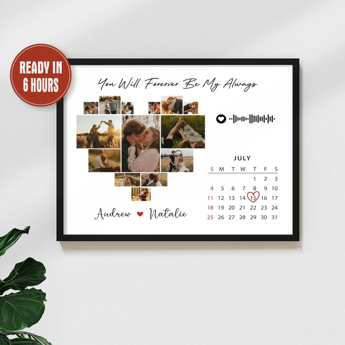 Custom Heart Photo Collage with Calendar and Song Code – Personalized Couple Wall Art Gift