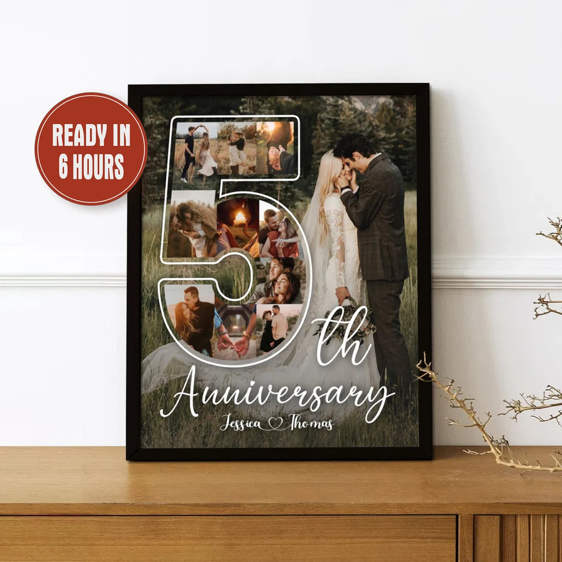 Personalized 5th Anniversary Photo Collage – Custom Couple Wall Art Gift