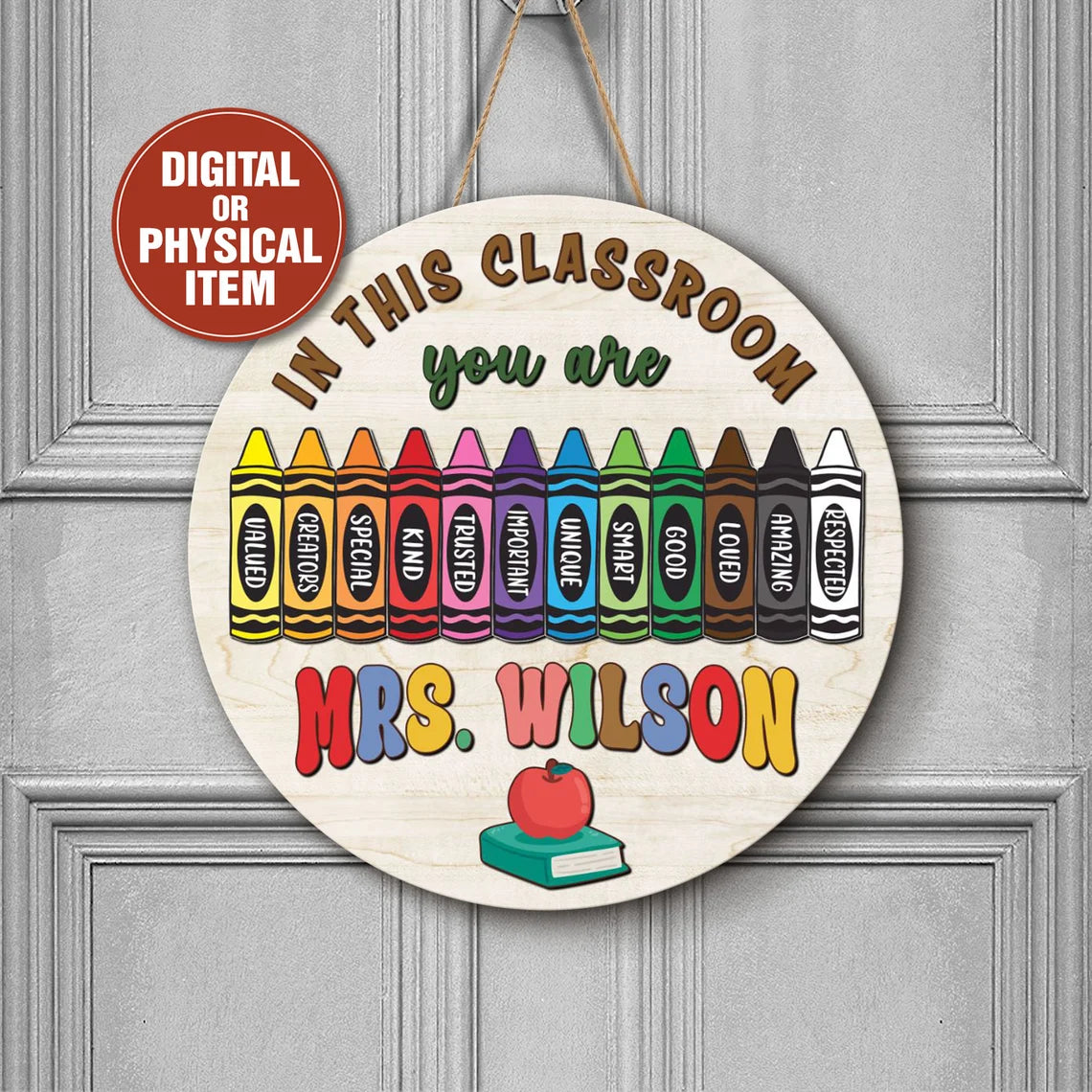 Crayon-Themed Classroom Door Sign – Personalized Teacher Wooden Sign