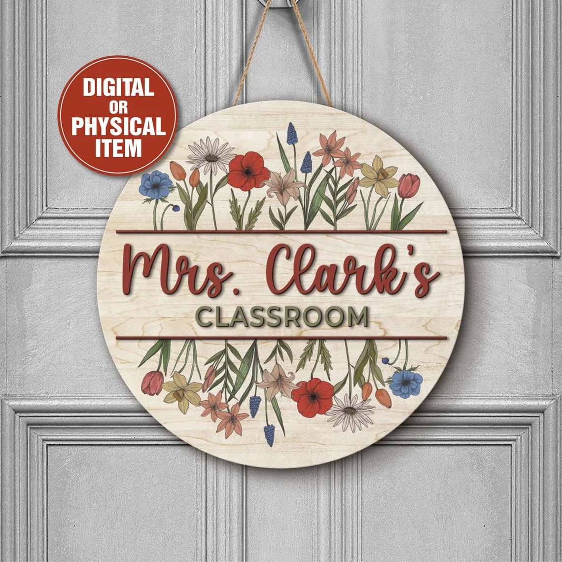 Vintage Floral Teacher Door Sign – Personalized Wooden Classroom Decor