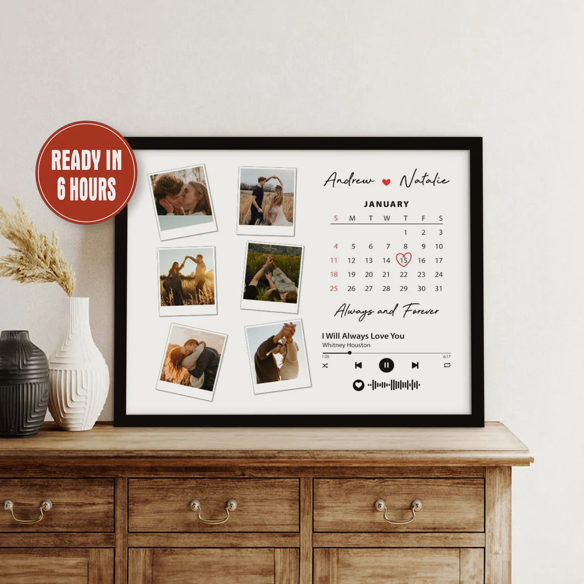Custom Photo Wall Art with Calendar and Song – Personalized Couple Gift with Names and Date