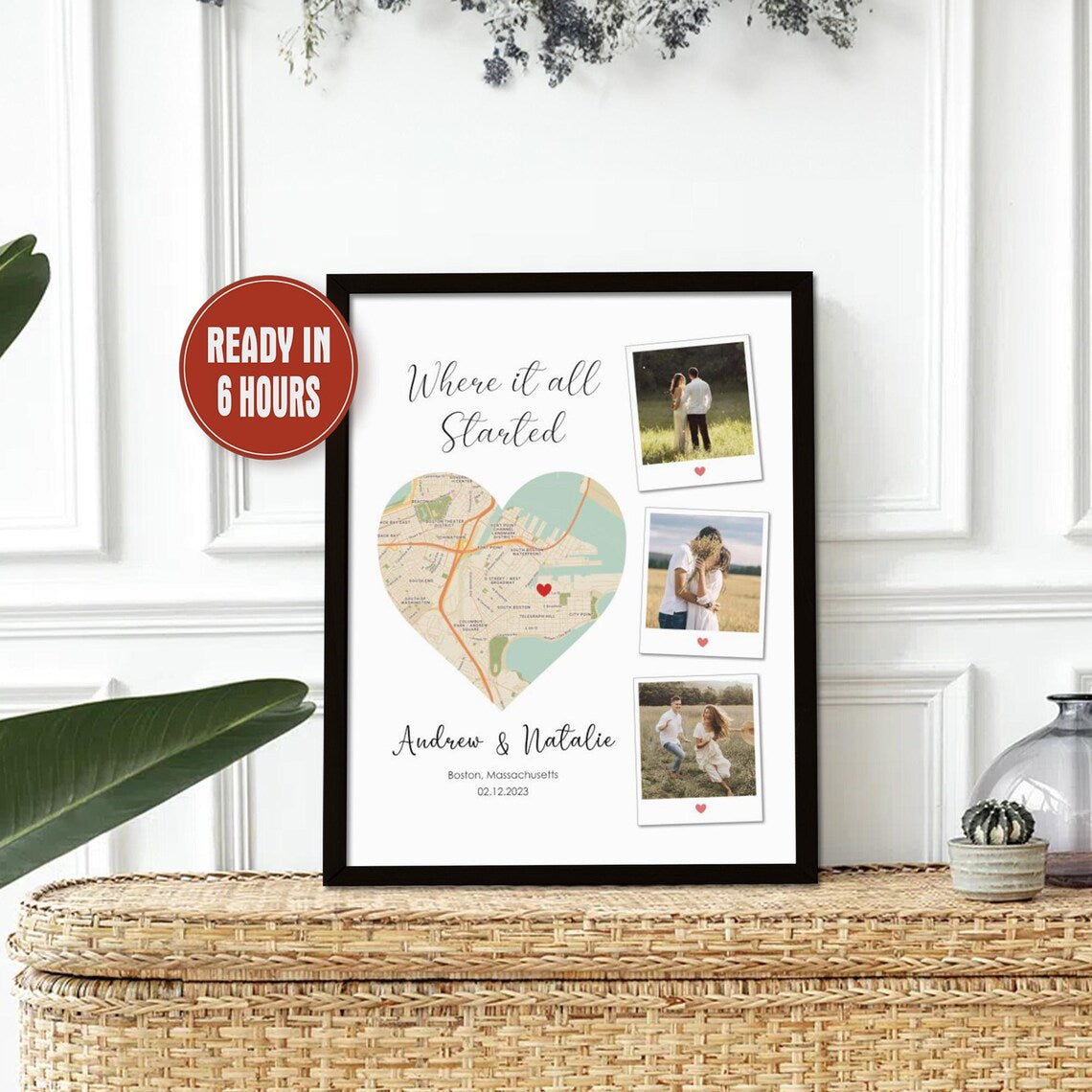 Custom Map Location Print with Couple Photos – Where It All Started Wall Art