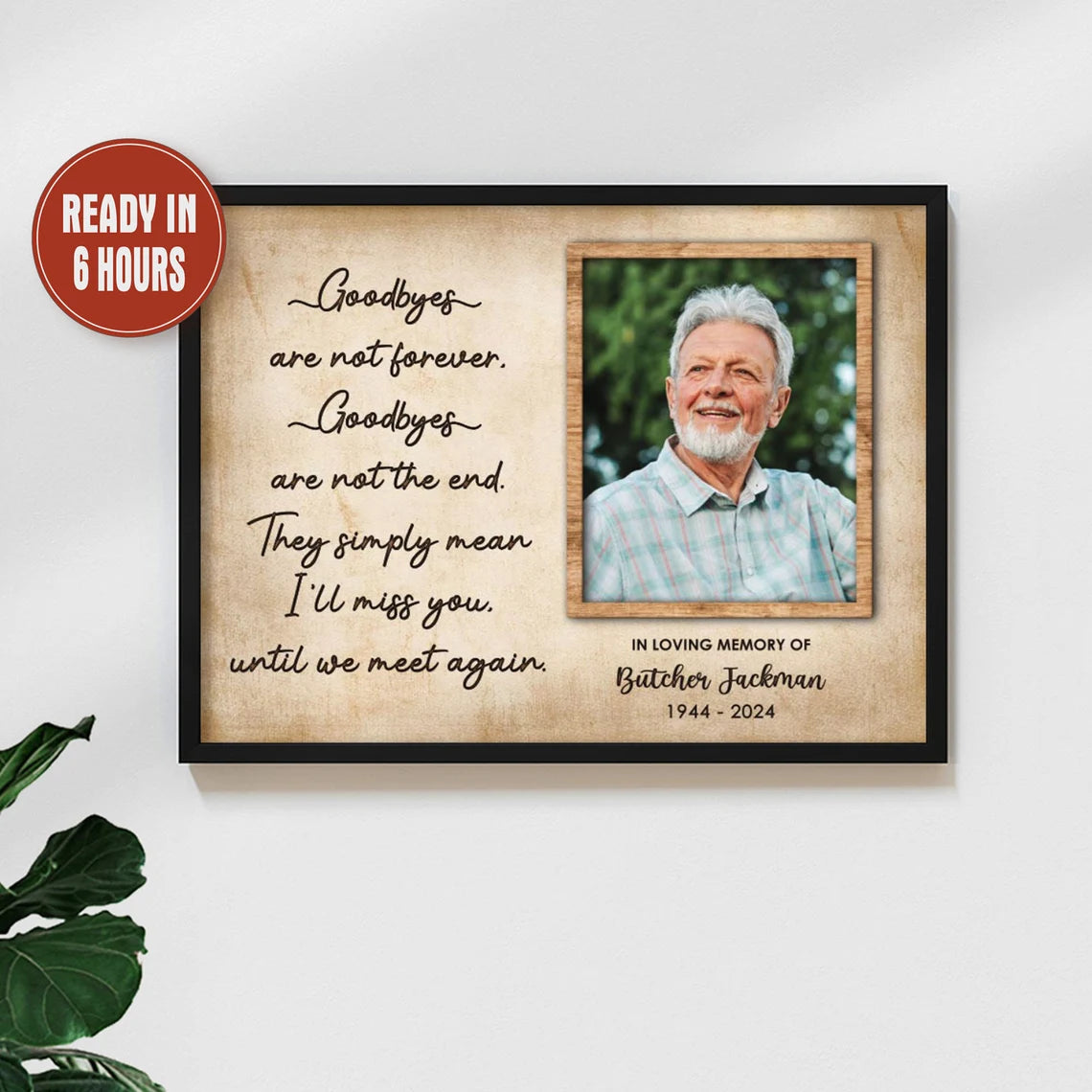 Personalized Memorial Photo Print with Quote Name and Years on Wood Background