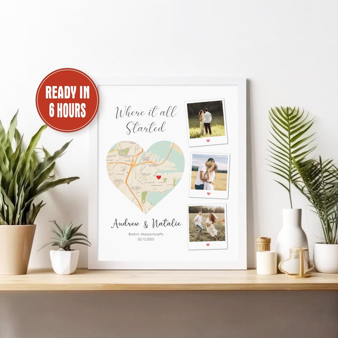 Custom Map Location Print with Couple Photos – Where It All Started Wall Art