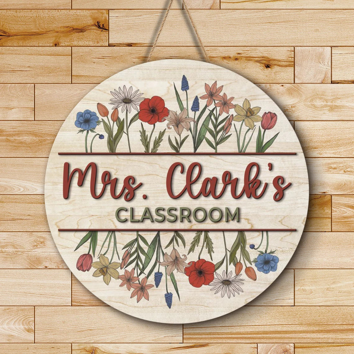 Vintage Floral Teacher Door Sign – Personalized Wooden Classroom Decor