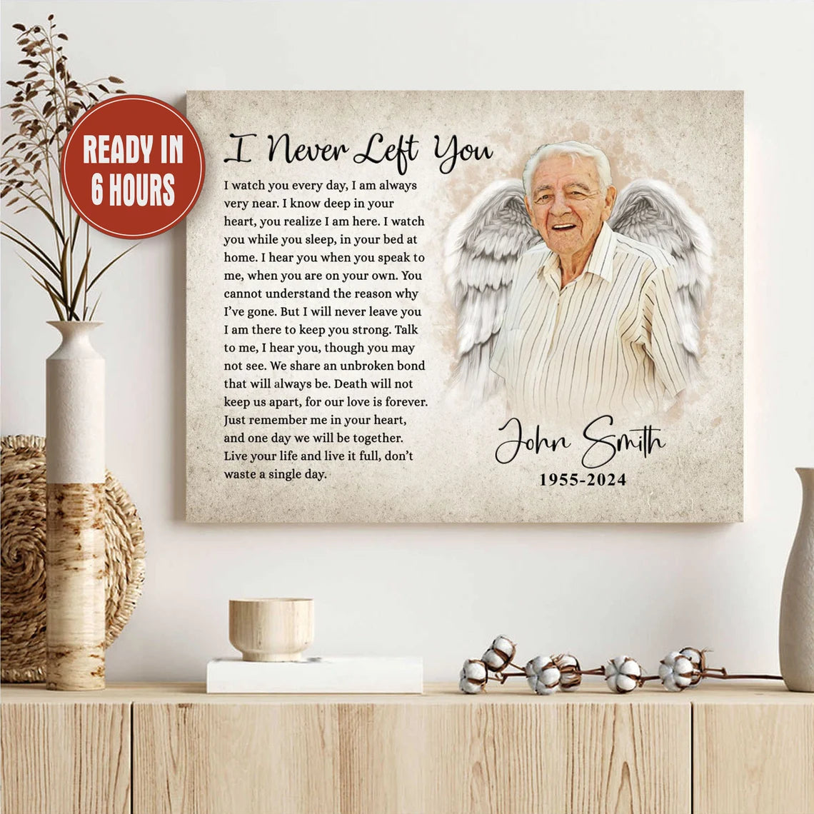 I Never Left You Angel Wings Memorial Portrait Custom Remembrance Print