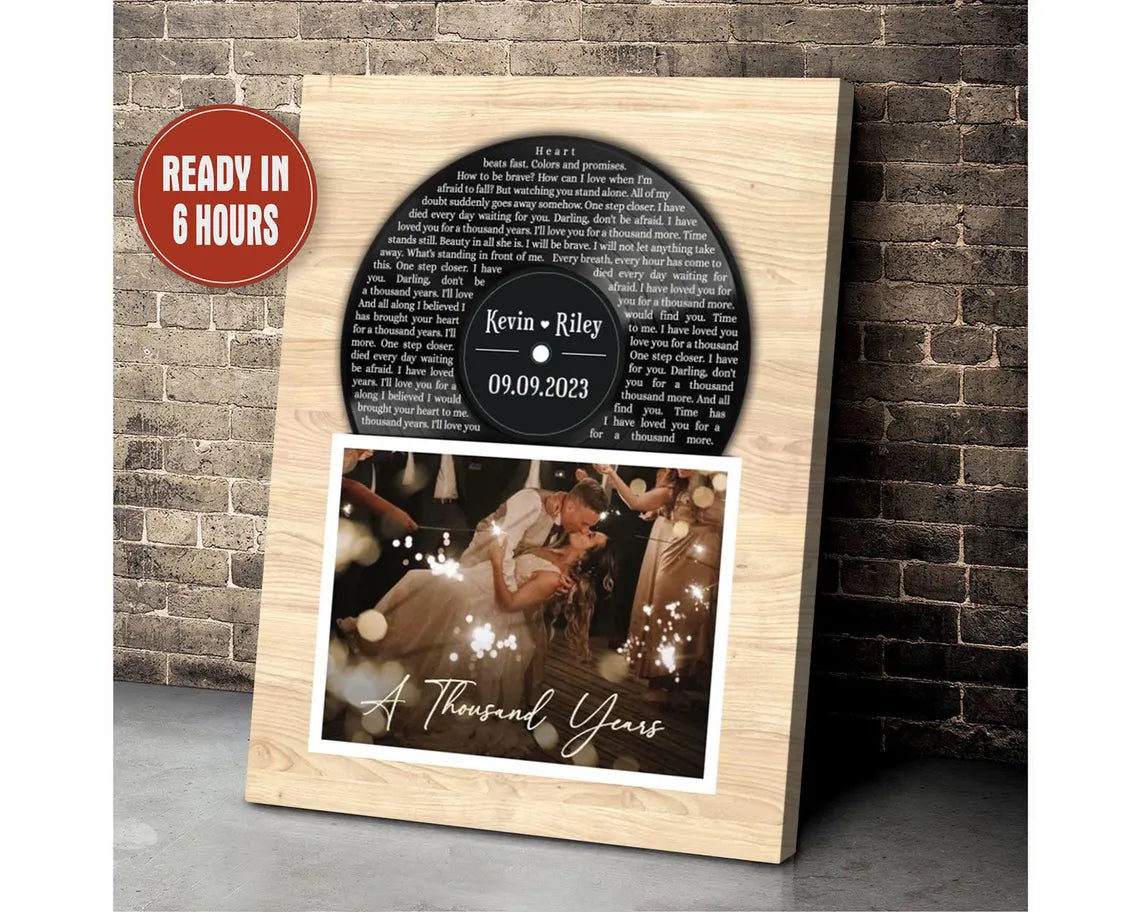 Custom Vinyl Record Wall Art with Wood Background Song Lyrics Photo and Names