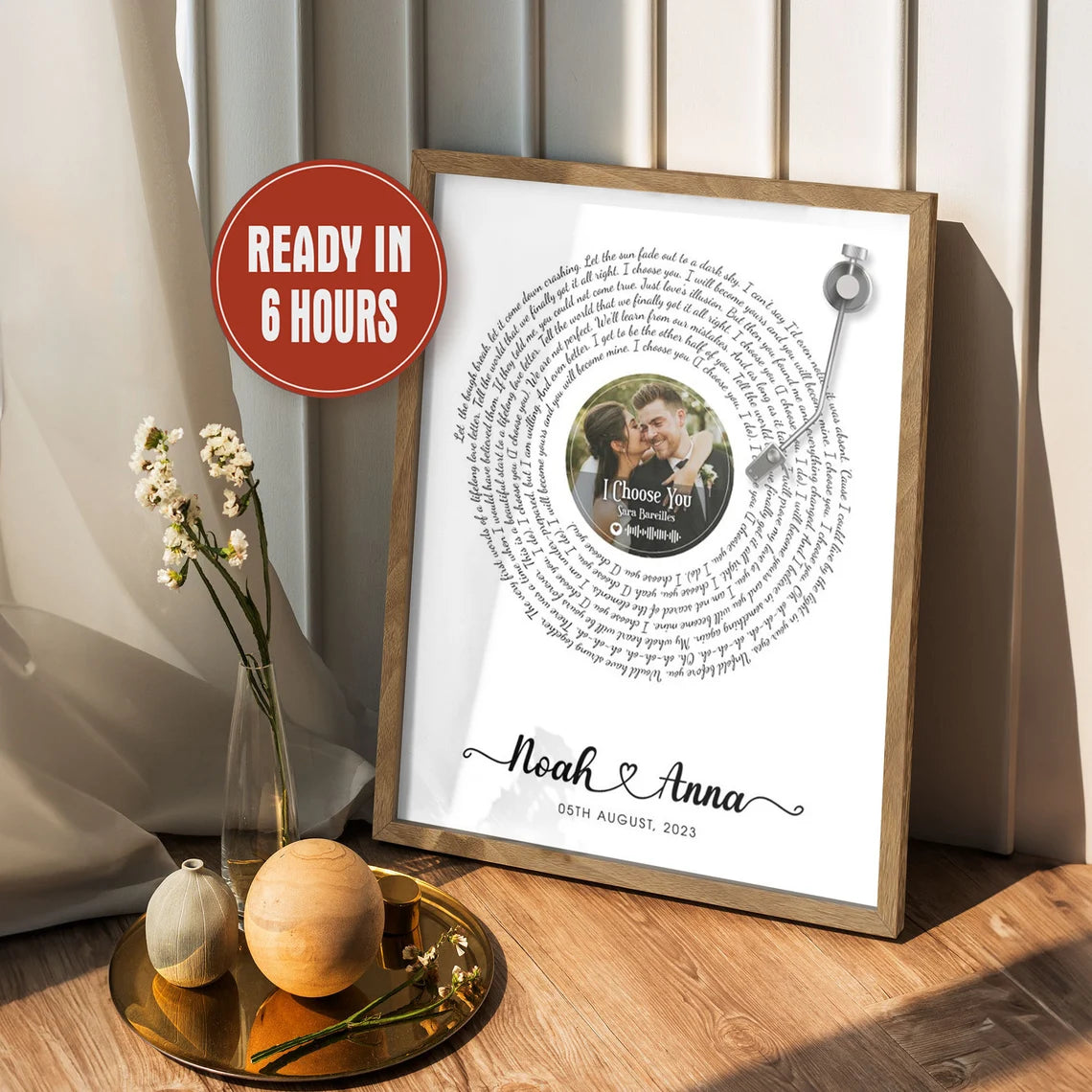 Custom Vinyl Record Wall Art with Photo Song Lyrics Names and Date