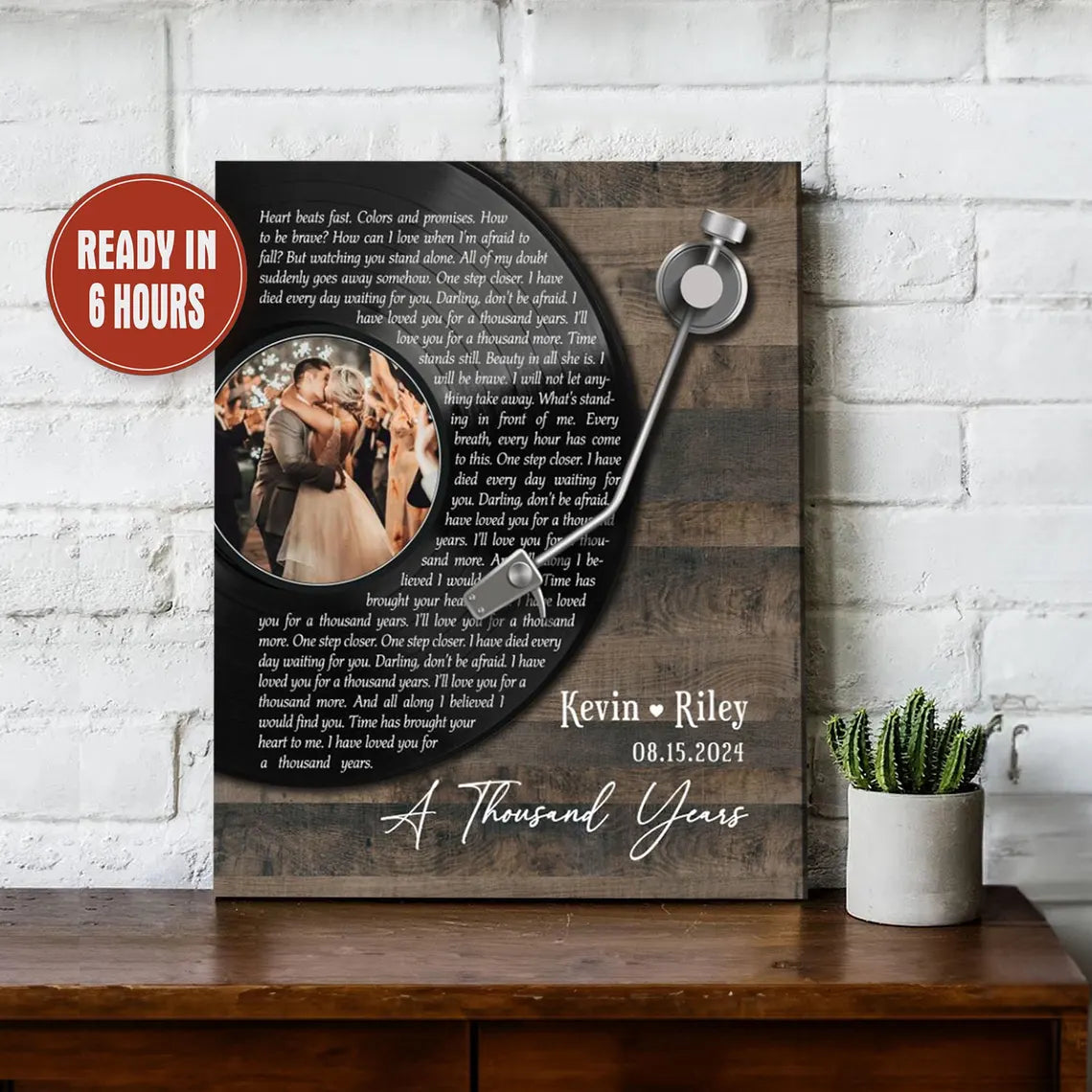 Custom Vinyl Record Wall Art with Song Lyrics Wood Background and Couple Photo