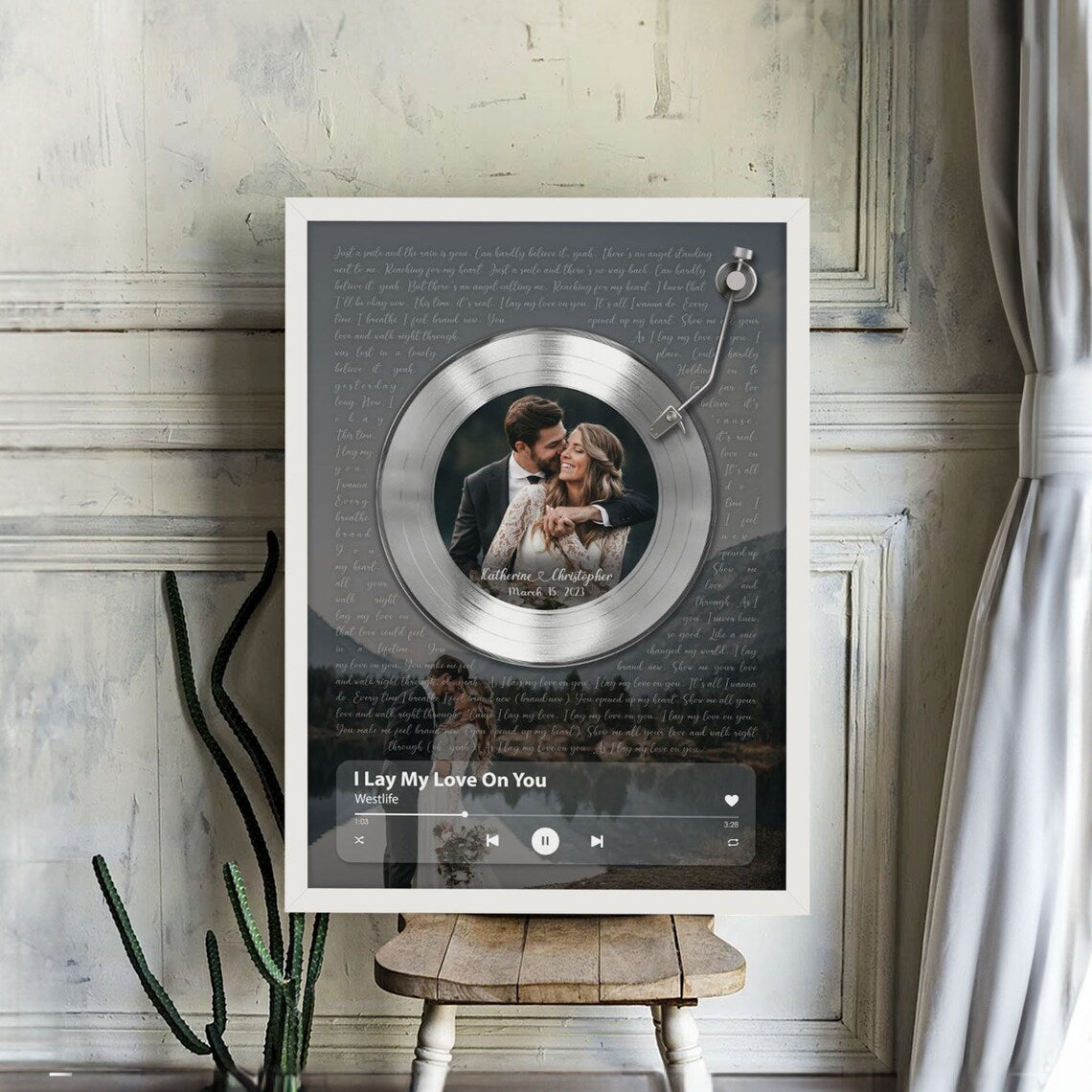Custom Vinyl Record Wall Art with Song Lyrics Player Bar and Couple Photo