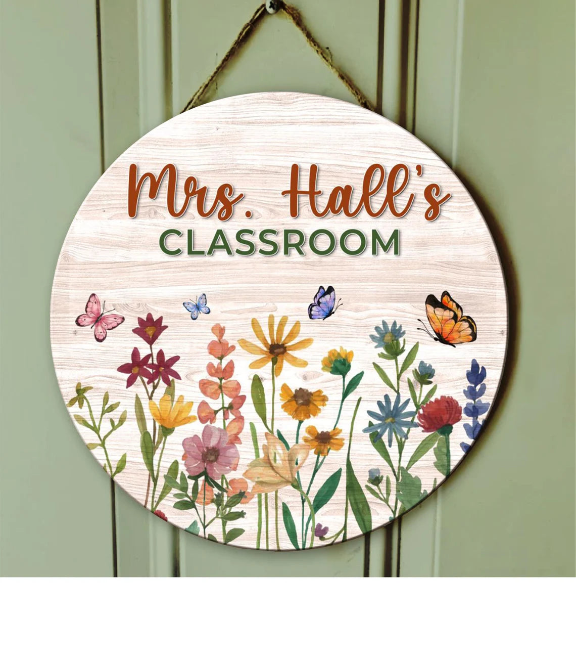 Floral Classroom Door Sign – Personalized Wooden Teacher Name Sign