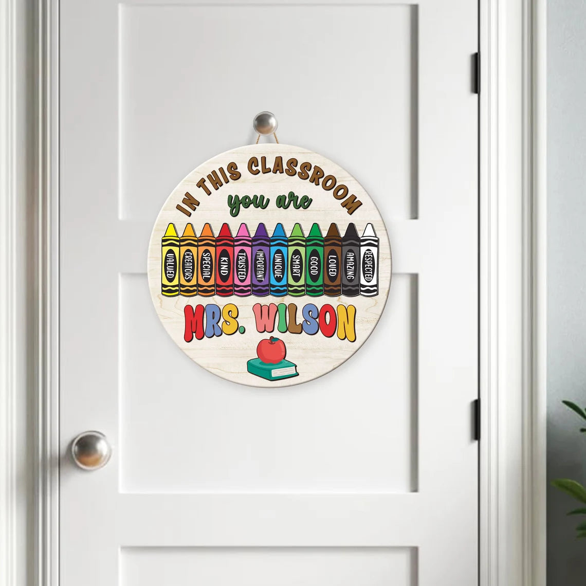 Crayon-Themed Classroom Door Sign – Personalized Teacher Wooden Sign
