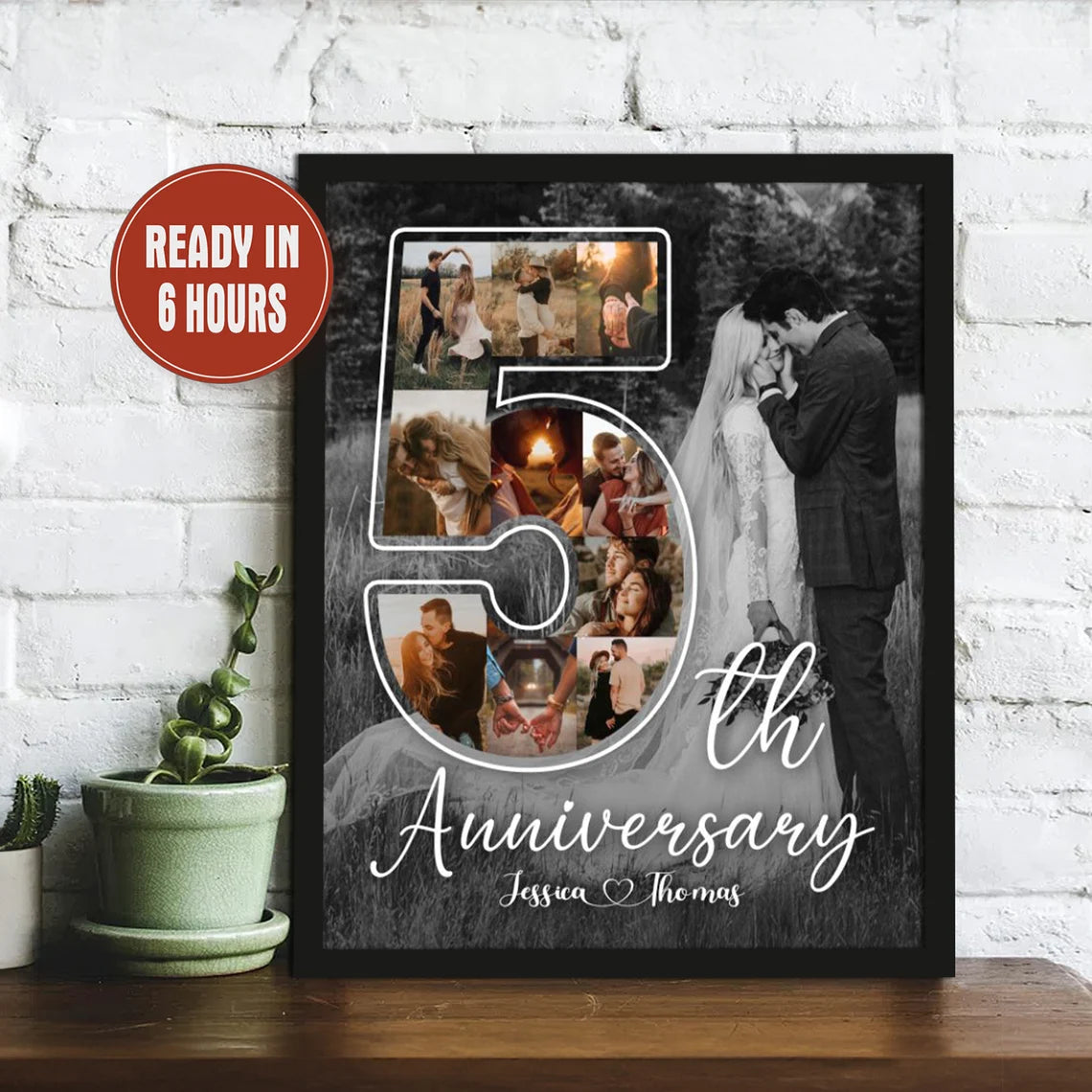 Personalized 5th Anniversary Photo Collage – Custom Couple Wall Art Gift