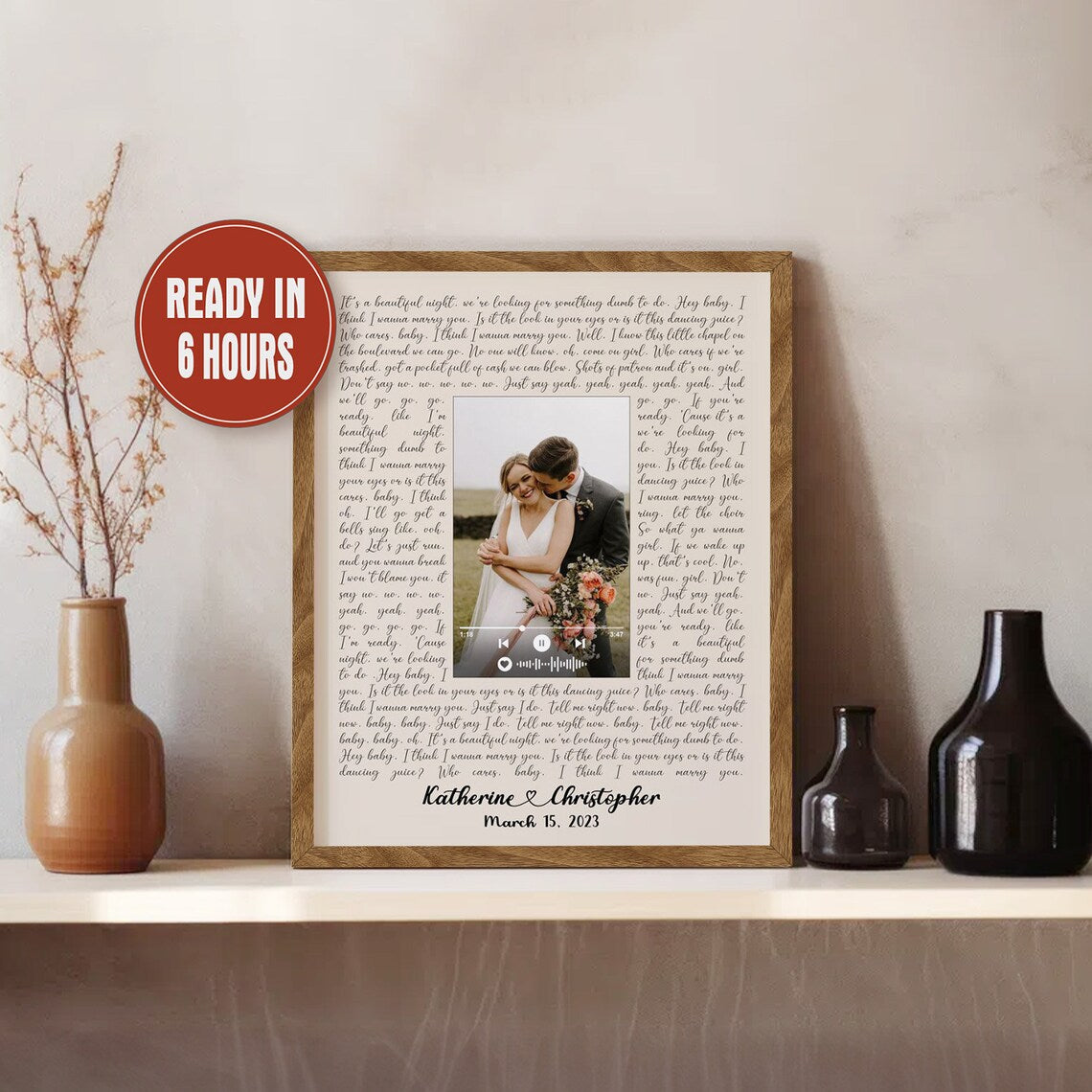 Custom Wedding Song Lyrics Wall Art with Photo and Music Player – Personalized Anniversary Gift