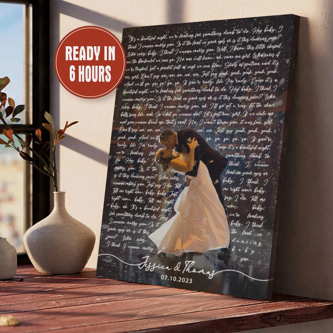 Custom Song Lyrics Photo Overlay Wall Art with Couple Names and Date