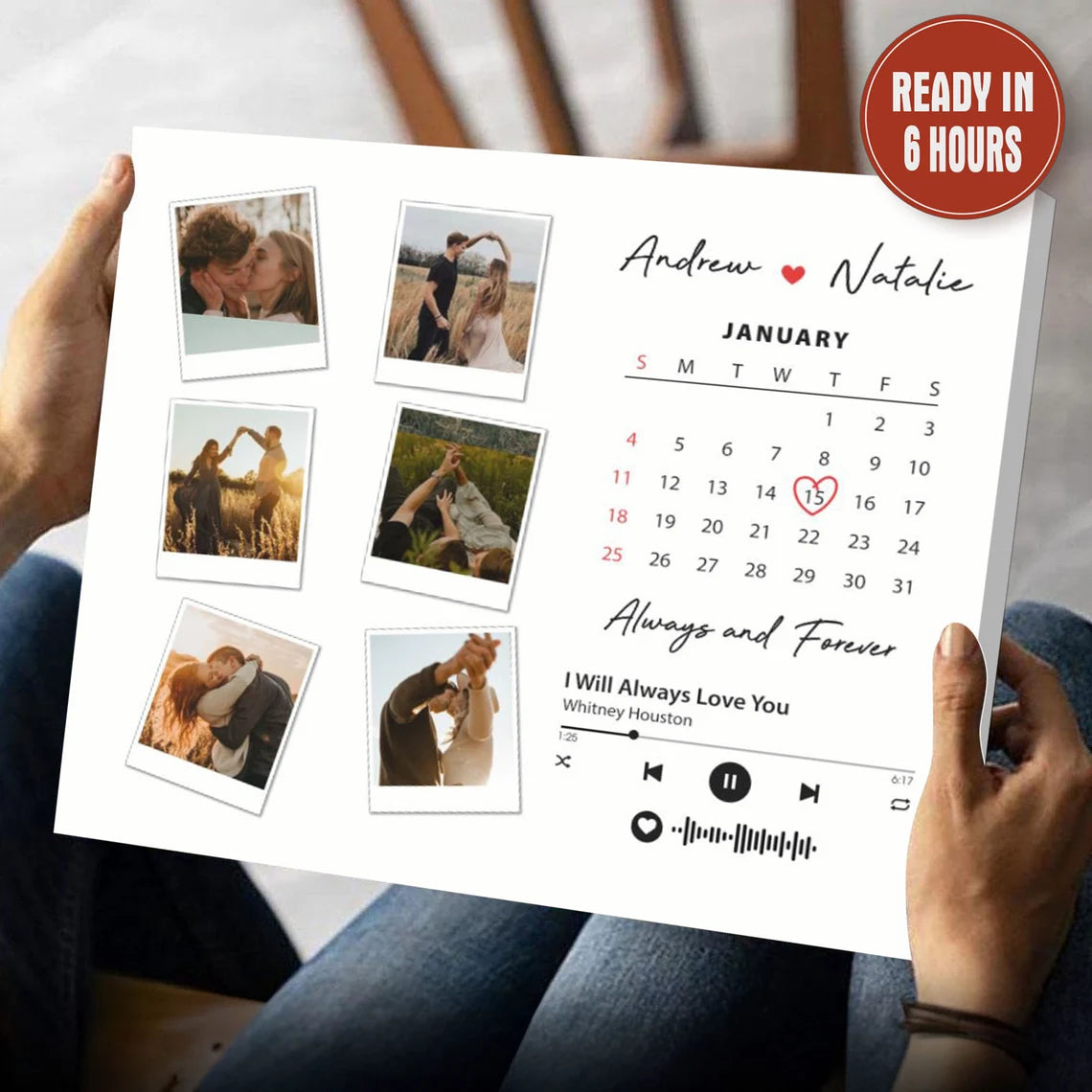 Custom Photo Wall Art with Calendar and Song – Personalized Couple Gift with Names and Date