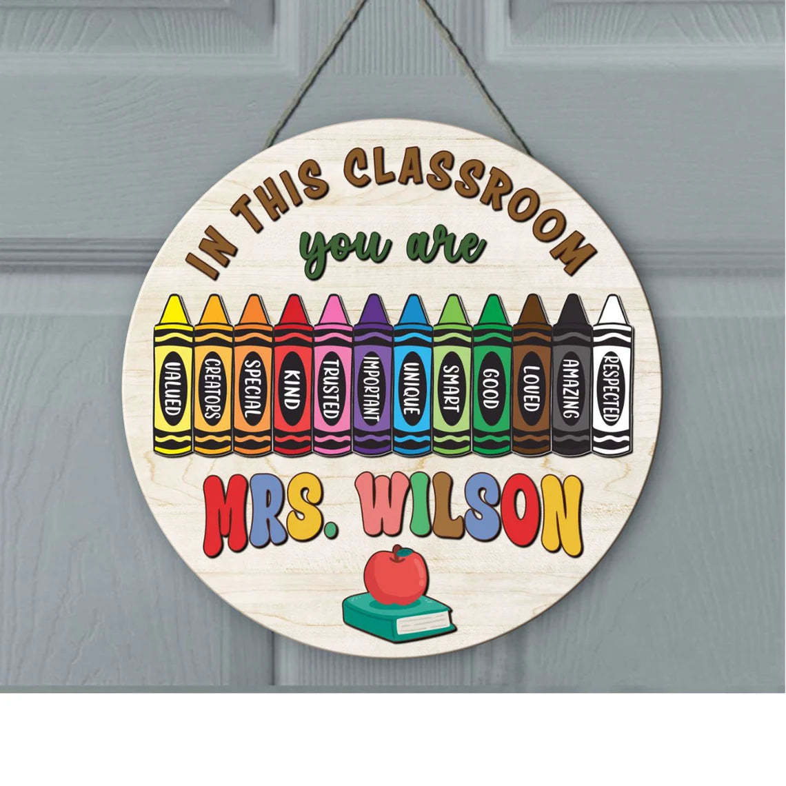 Crayon-Themed Classroom Door Sign – Personalized Teacher Wooden Sign
