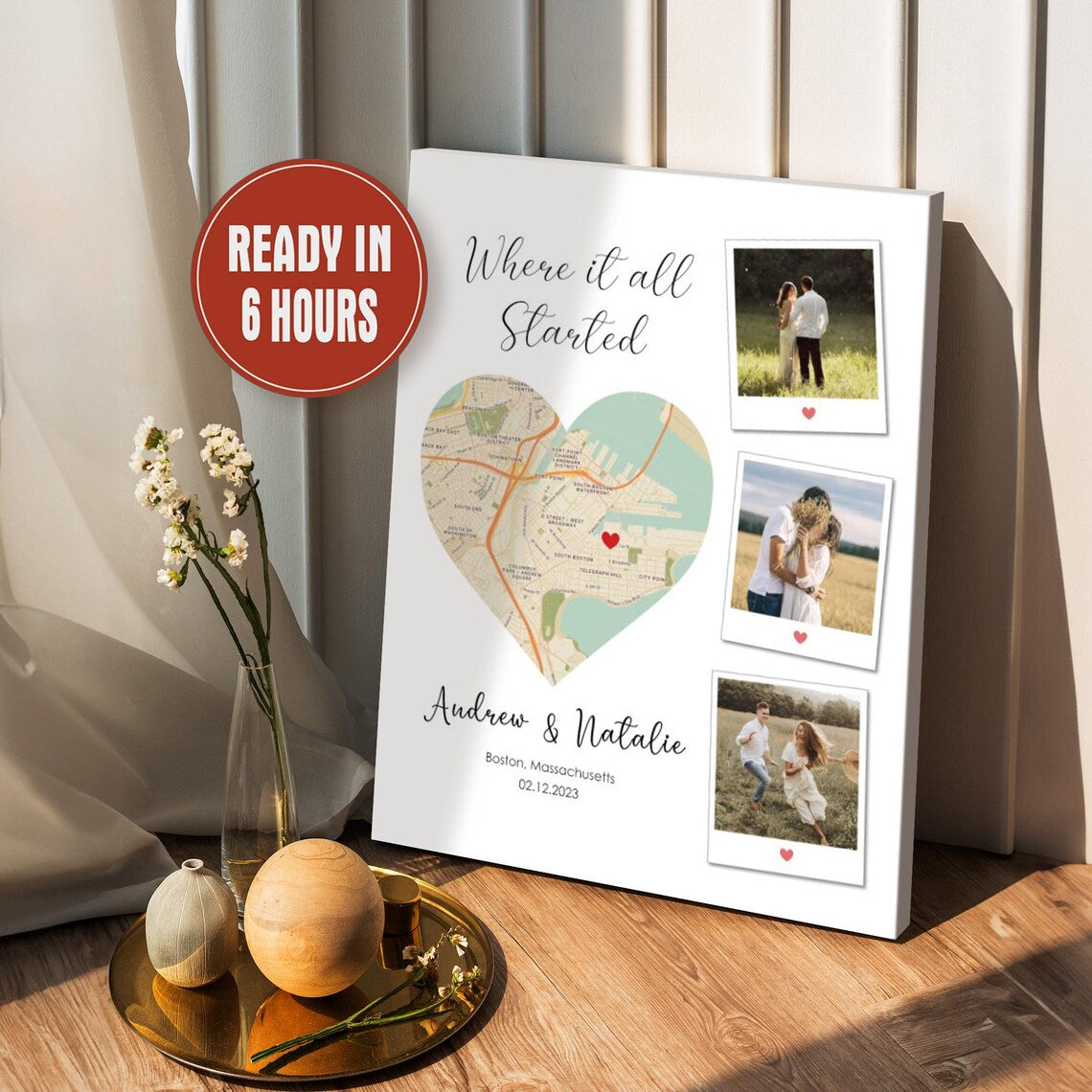 Custom Map Location Print with Couple Photos – Where It All Started Wall Art
