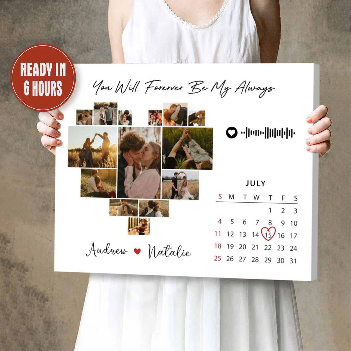 Custom Heart Photo Collage with Calendar and Song Code – Personalized Couple Wall Art Gift