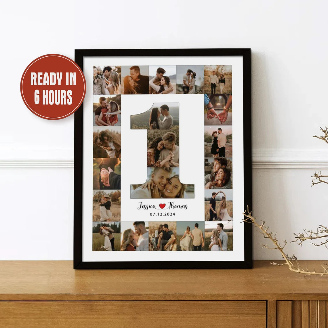 Custom 1st Anniversary Number Collage – Personalized Couple Photo Wall Art with Date