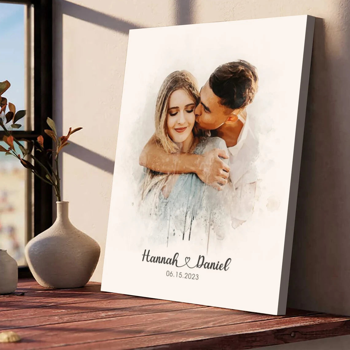 Custom Wedding Portrait Watercolor Style Personalized Couple Wall Art Gift
