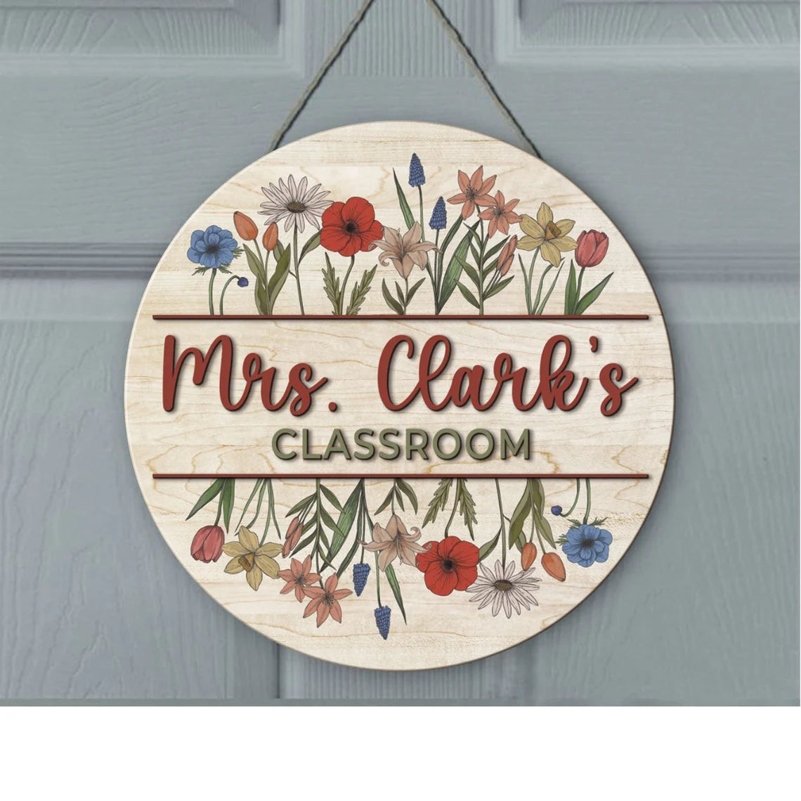 Vintage Floral Teacher Door Sign – Personalized Wooden Classroom Decor