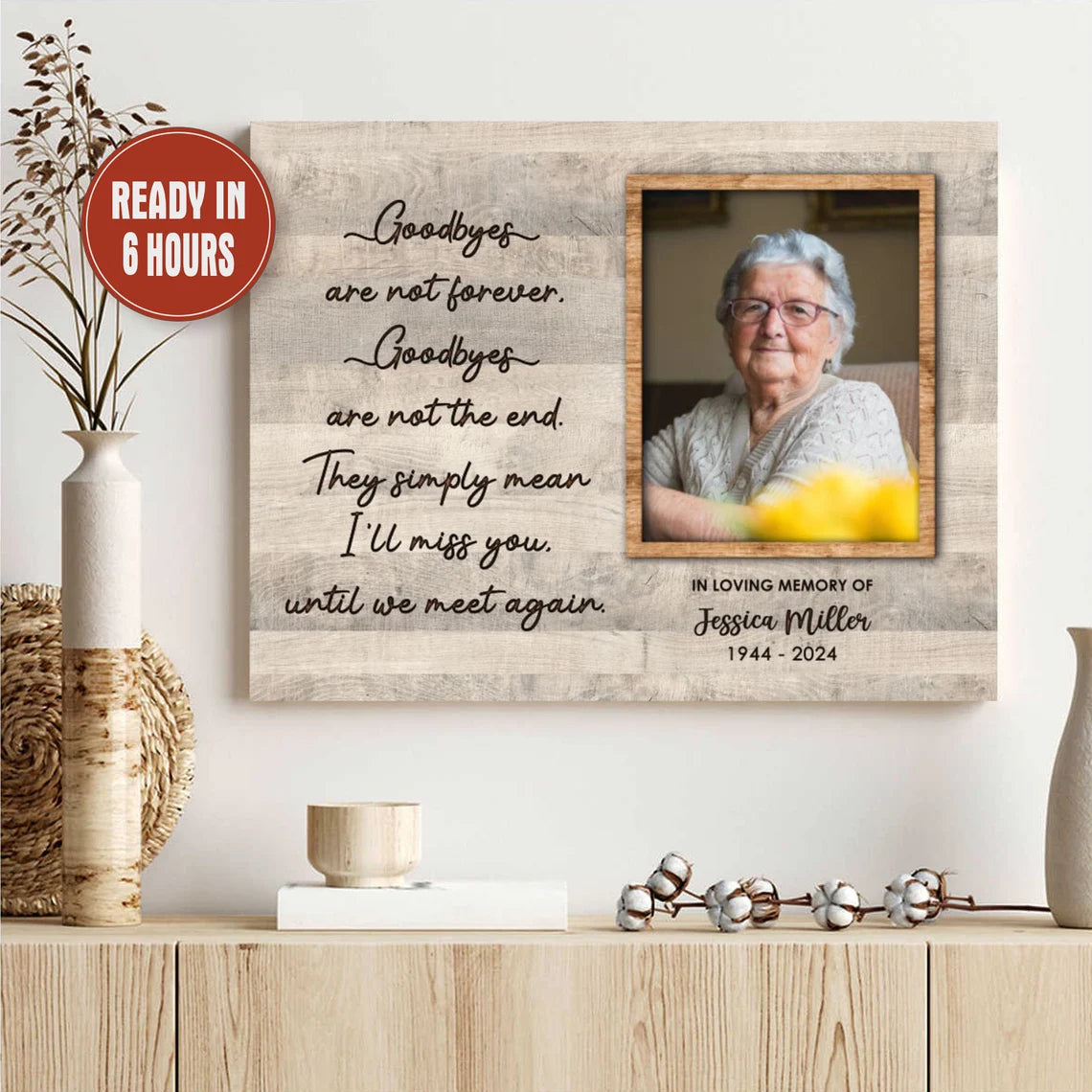 Personalized Memorial Photo Print with Quote Name and Years on Wood Background