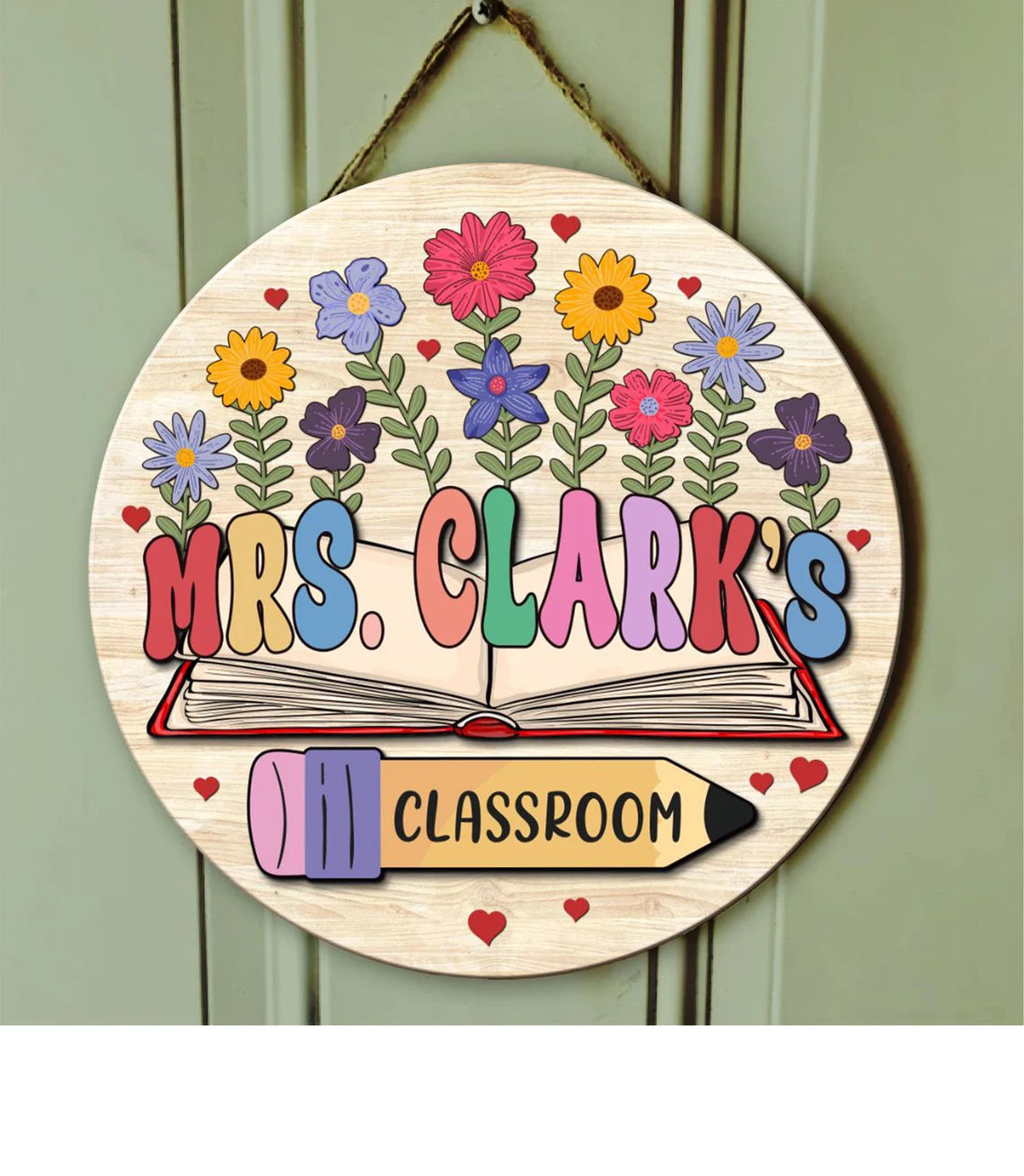 Floral Book-Themed Classroom Door Sign – Personalized Wooden Teacher Sign