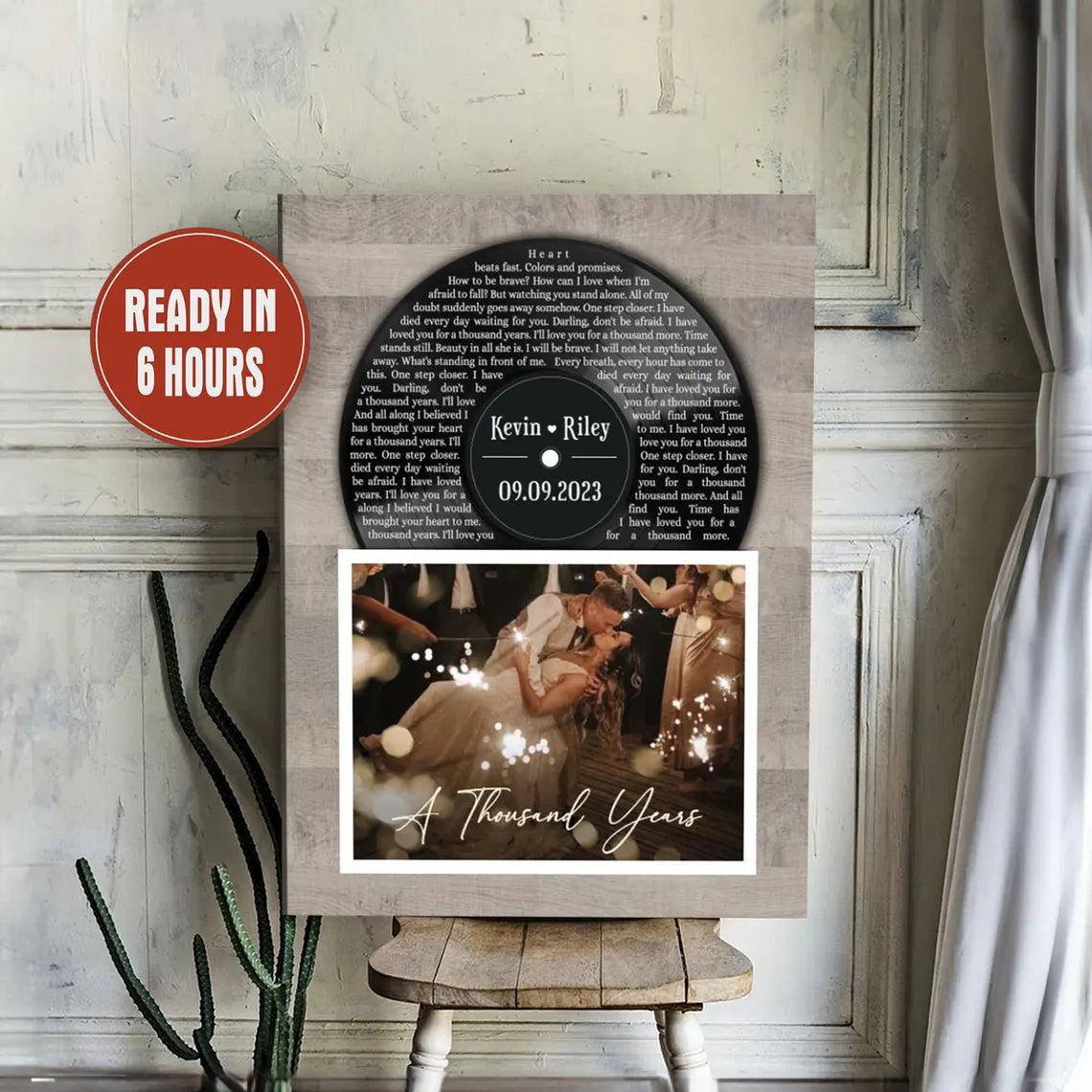 Custom Vinyl Record Wall Art with Wood Background Song Lyrics Photo and Names