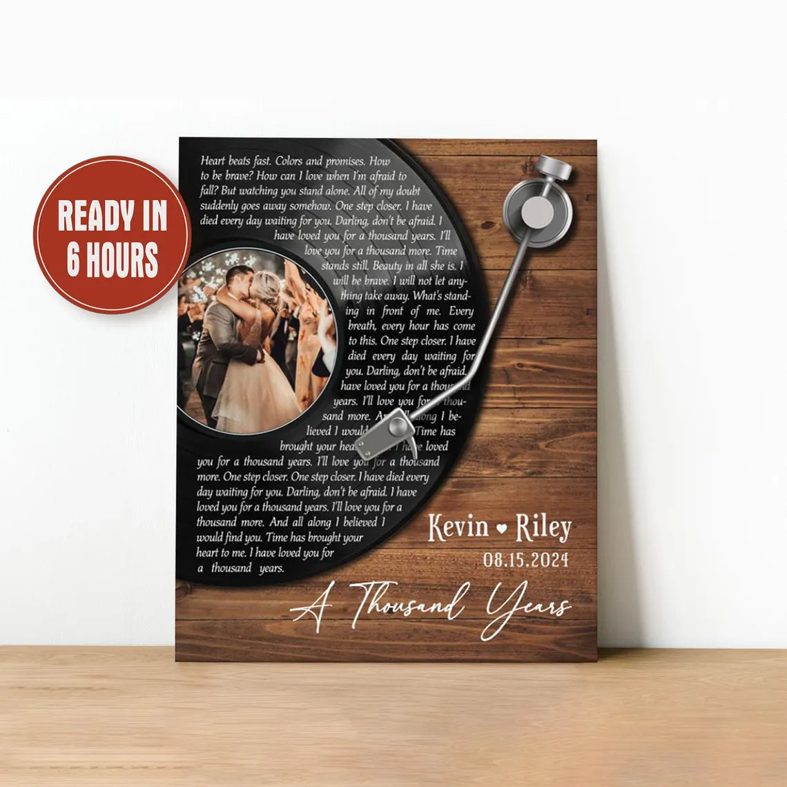 Custom Vinyl Record Wall Art with Song Lyrics Wood Background and Couple Photo