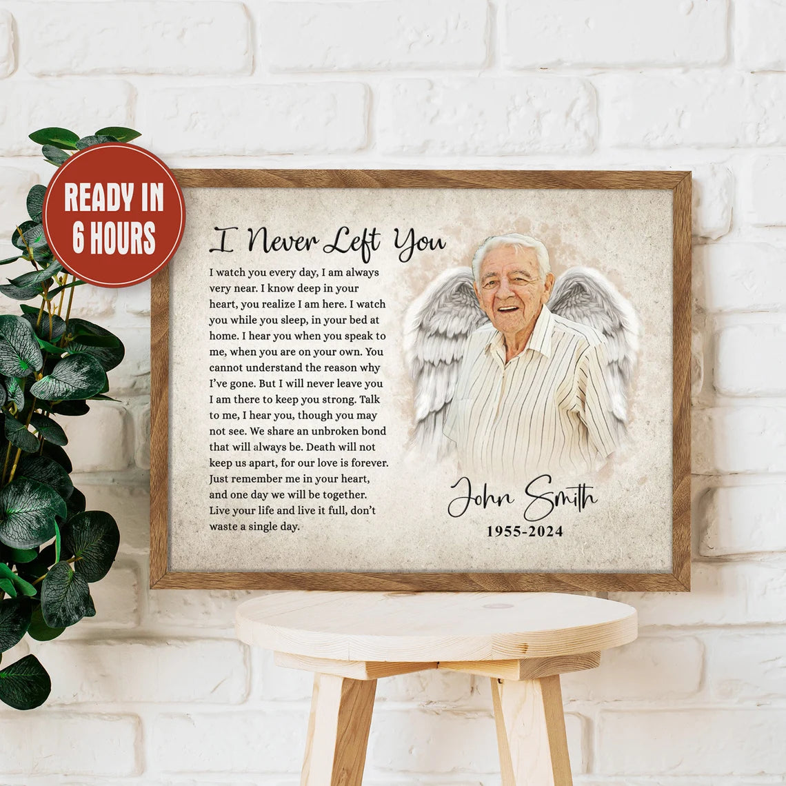 I Never Left You Angel Wings Memorial Portrait Custom Remembrance Print