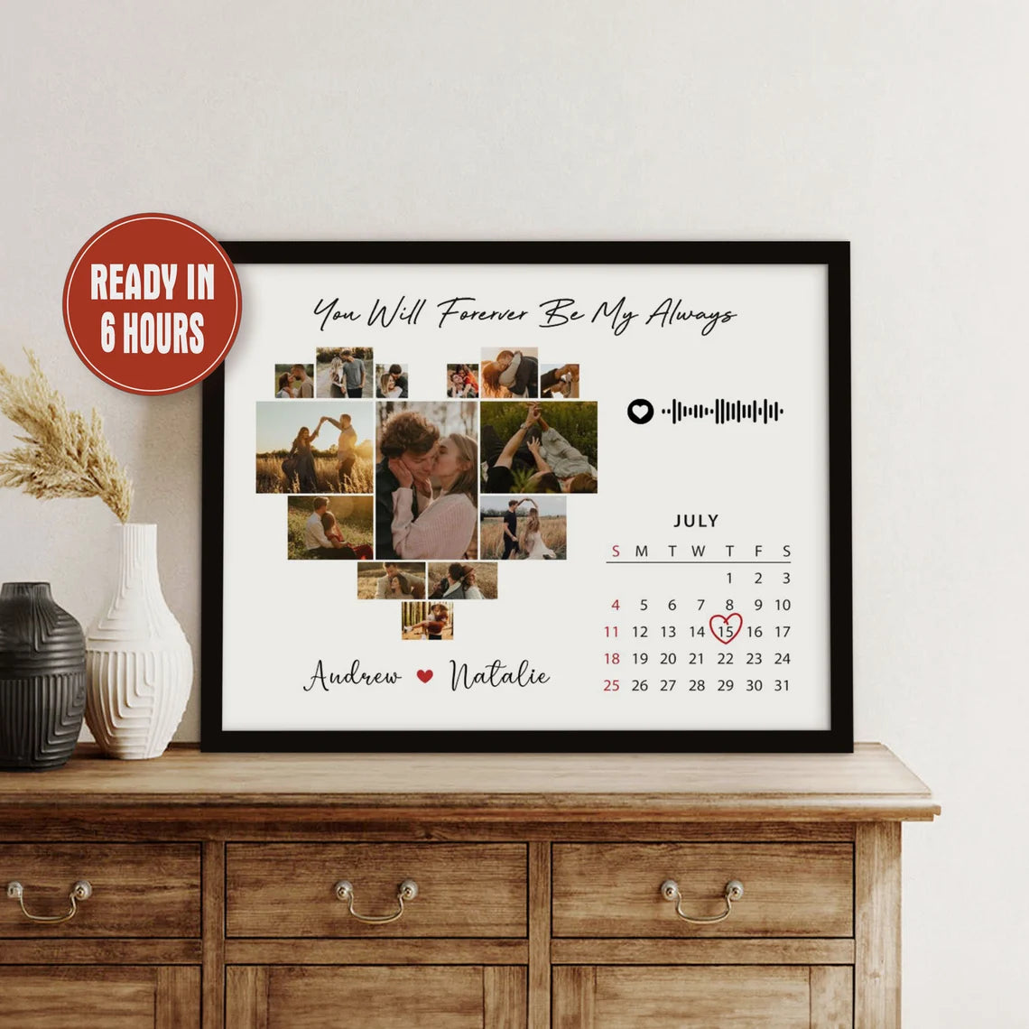 Custom Heart Photo Collage with Calendar and Song Code – Personalized Couple Wall Art Gift