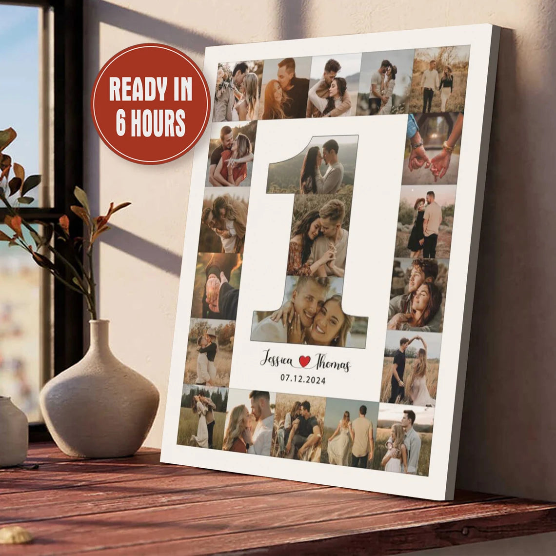 Custom 1st Anniversary Number Collage – Personalized Couple Photo Wall Art with Date