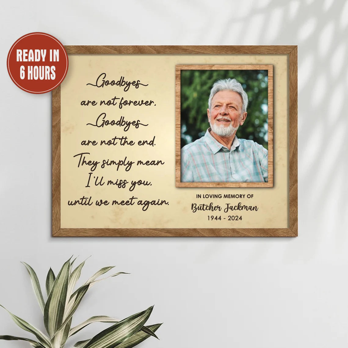 Personalized Memorial Photo Print with Quote Name and Years on Wood Background