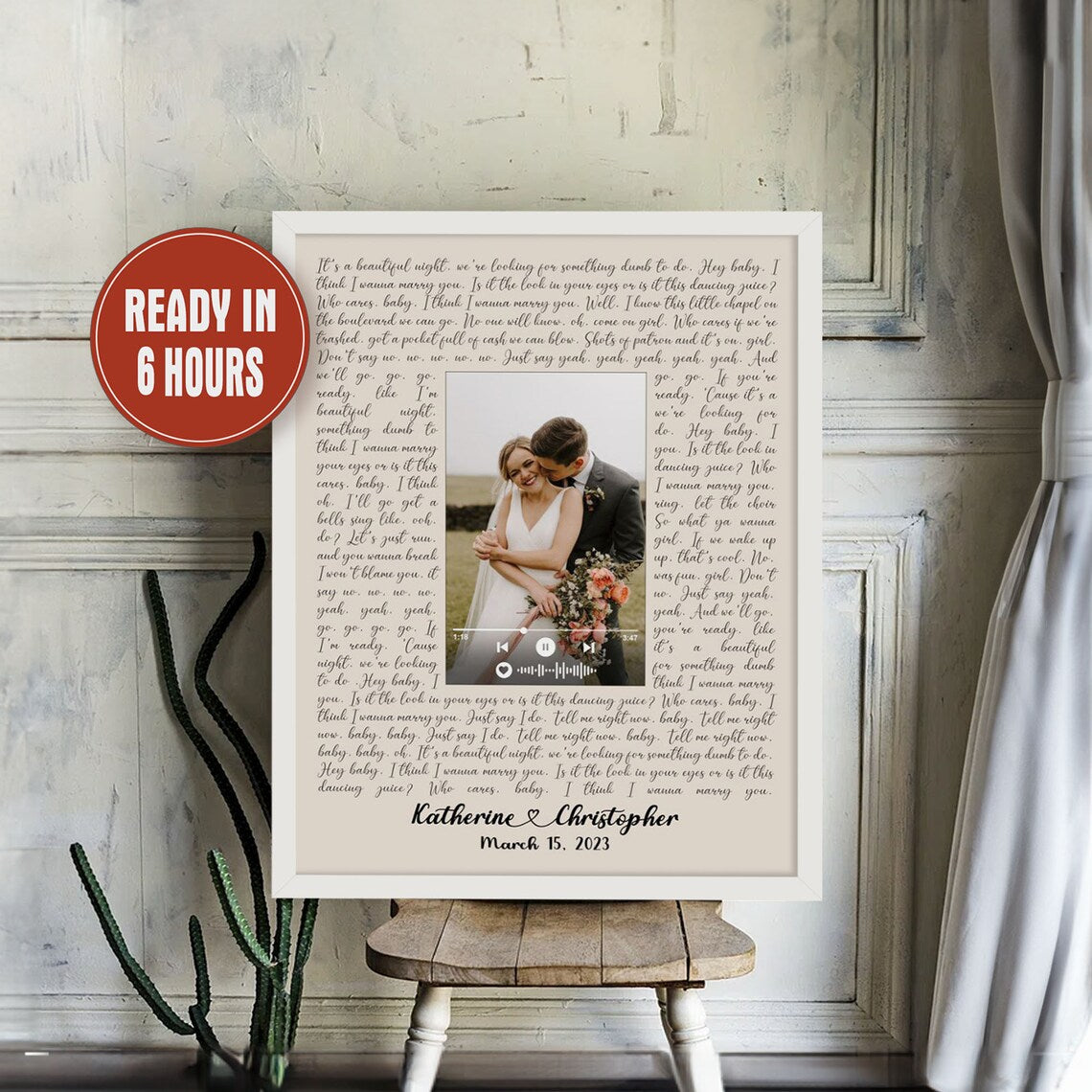 Custom Wedding Song Lyrics Wall Art with Photo and Music Player – Personalized Anniversary Gift