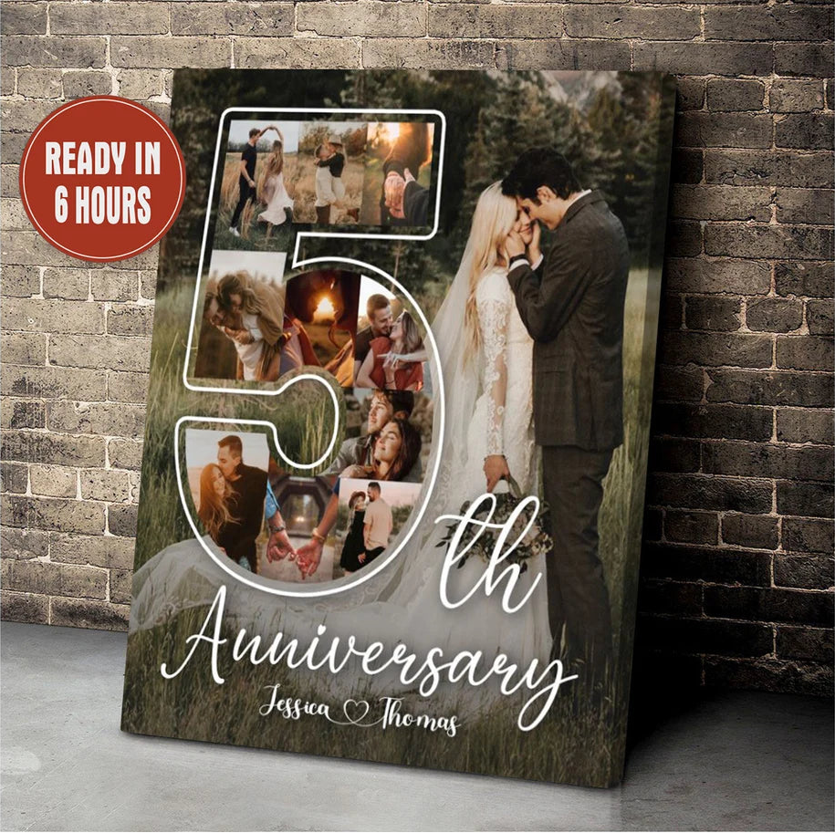 Personalized 5th Anniversary Photo Collage – Custom Couple Wall Art Gift