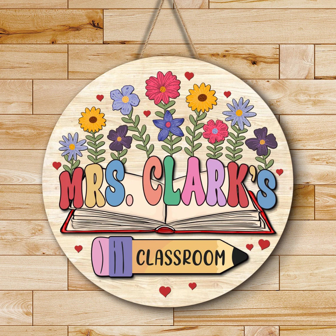 Floral Book-Themed Classroom Door Sign – Personalized Wooden Teacher Sign