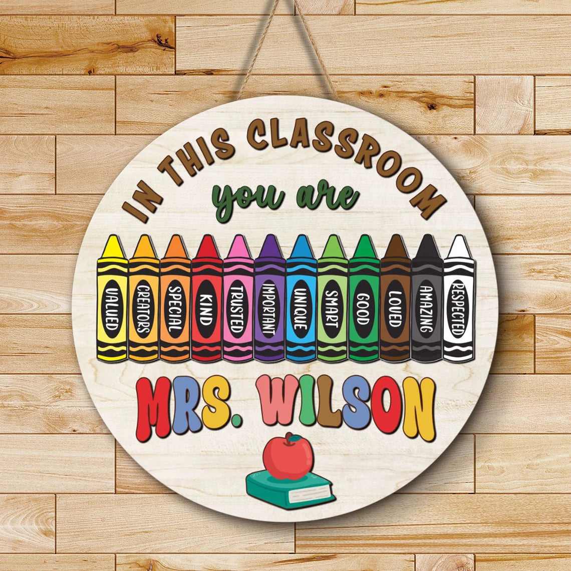 Crayon-Themed Classroom Door Sign – Personalized Teacher Wooden Sign