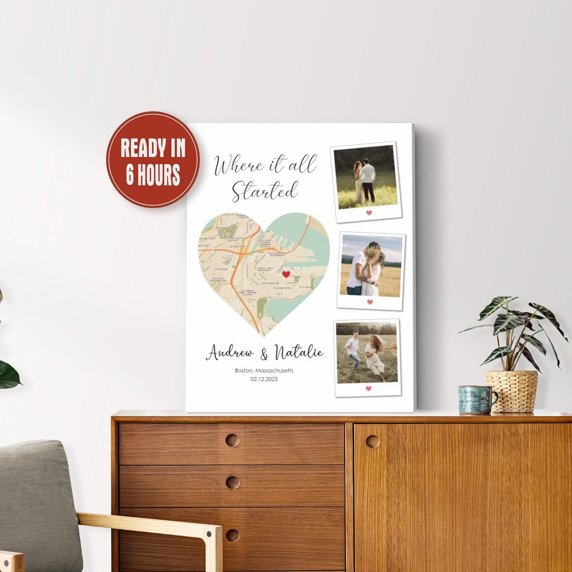 Custom Map Location Print with Couple Photos – Where It All Started Wall Art