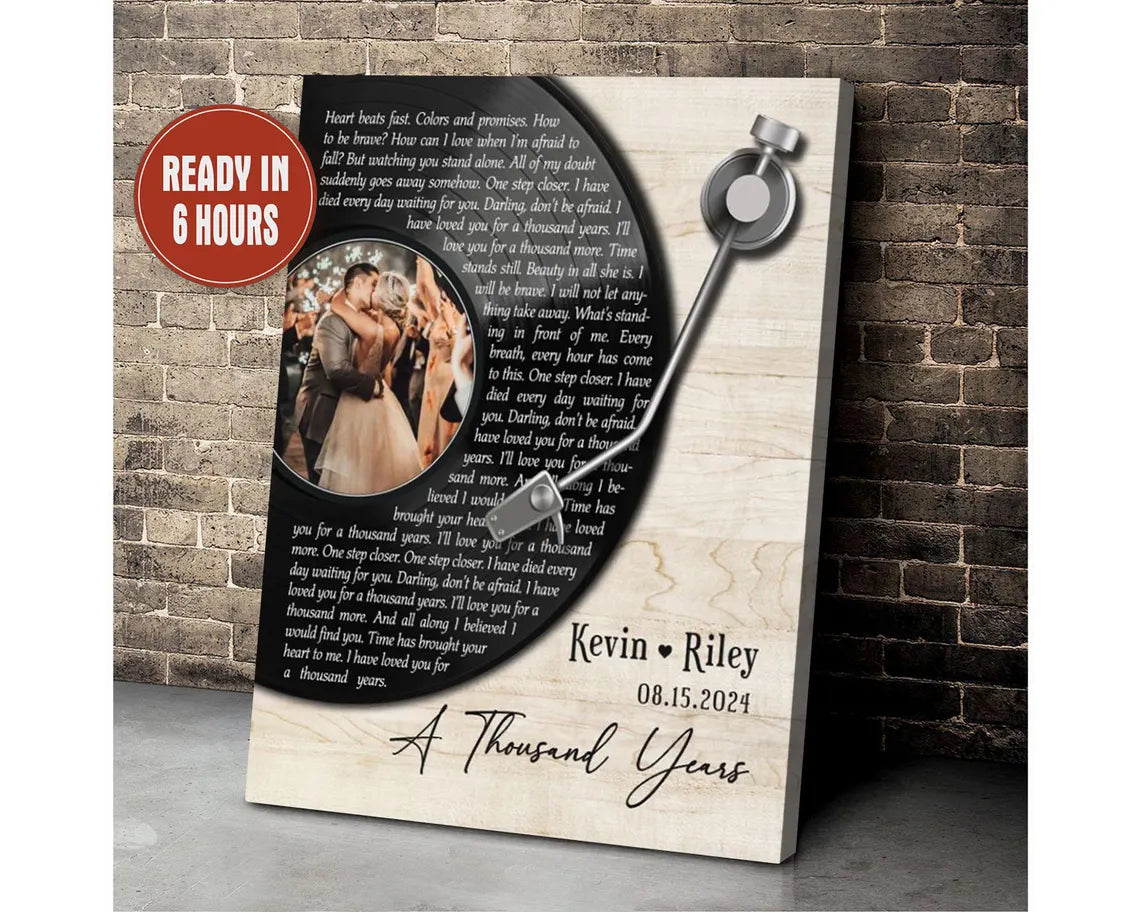Custom Vinyl Record Wall Art with Song Lyrics Wood Background and Couple Photo