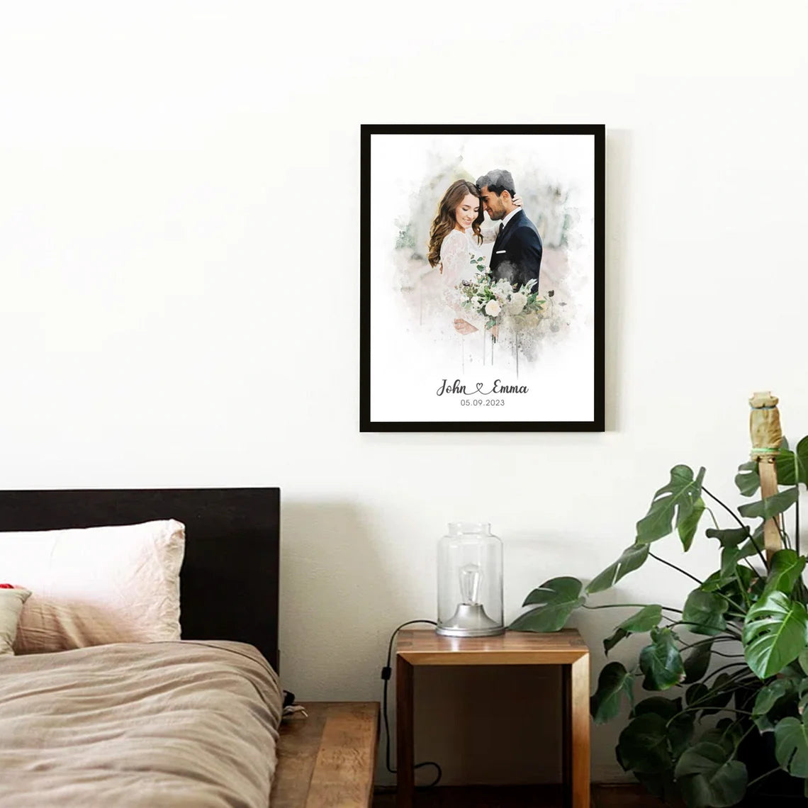 Custom Wedding Portrait Watercolor Style Personalized Couple Wall Art Gift