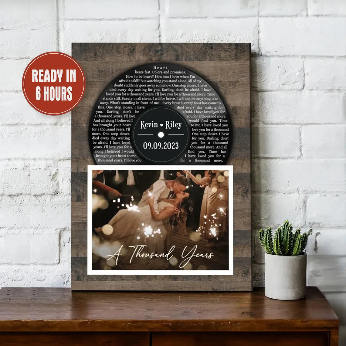 Custom Vinyl Record Wall Art with Wood Background Song Lyrics Photo and Names